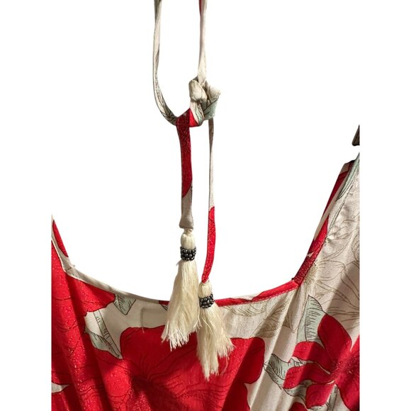 ✌️ 2/$40 ✌️ Red & Beige Floral Print Tunic Dress, Short Sleeves & Tassel sz M - Picture 5 of 9